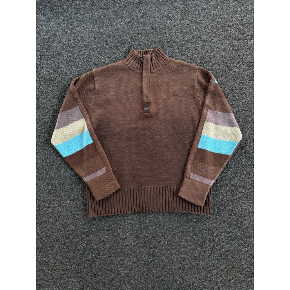 Ringspun Northern Soul Quarter Zip Sweater Men's Large Brown Striped Sleeve